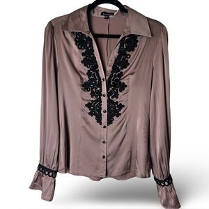 Bebe – Women’s Silk Blend Embroidered Button Front Blouse Mauve Black – Sz. S